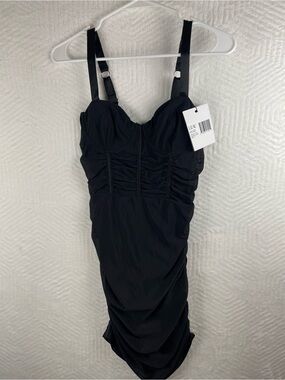 Leau Black Ruched Midi Dress with Adjustable Straps